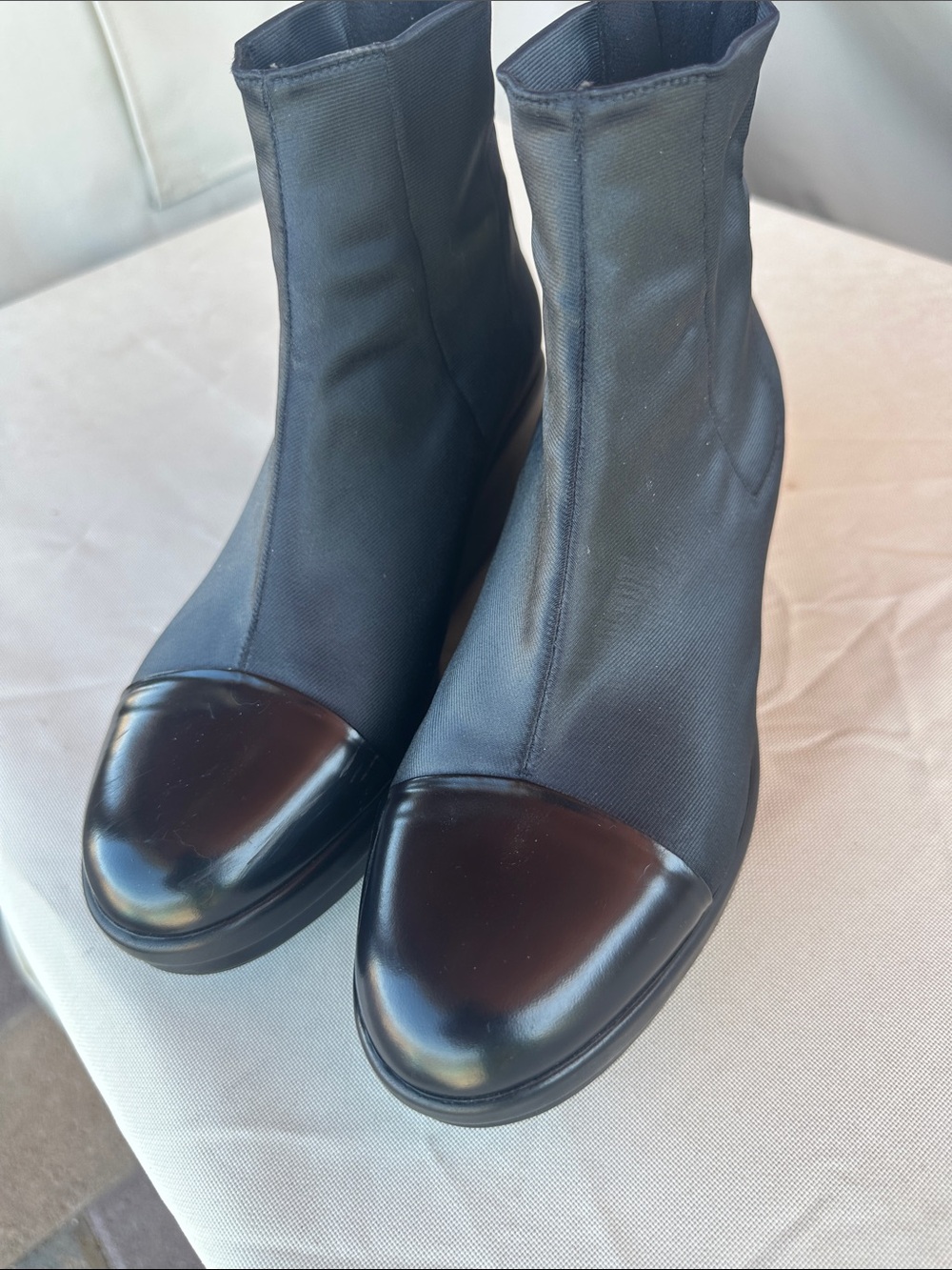 Pas de Rouge Black Stretch Cap-Toe Wedge Ankle Boots. New no box